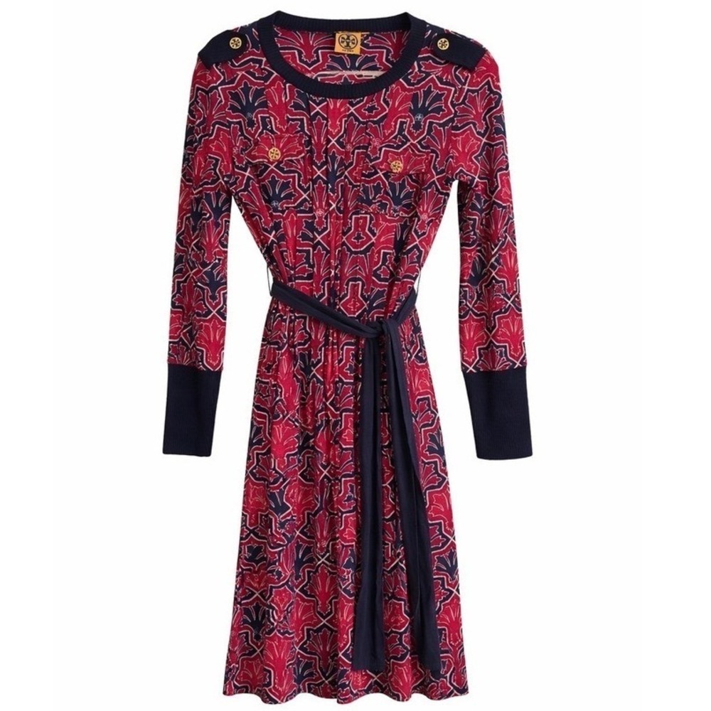 Tory Burch Truman Silk Blend Dress Small Magenta Navy Belted Geometric Print